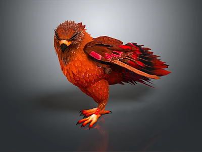 Red Eagle With Bright Red Feathers And Sharp Claws Standing On Shiny Surface 3d model