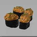 Fresh Crab Sushi Pieces With Orange Filling And Green Scallions On Black Background
