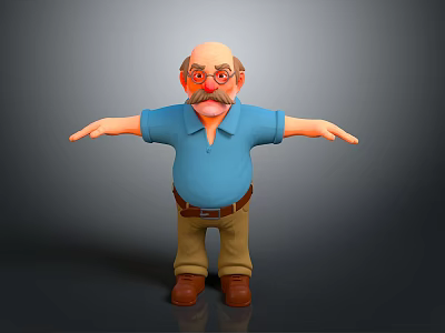 Cartoon Man Character With Red Glasses Mustache Blue Shirt Brown Pants Outstretched Arms And Gray Background 3d model