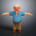 Cartoon Man Character With Red Glasses Mustache Blue Shirt Brown Pants Outstretched Arms And Gray Background