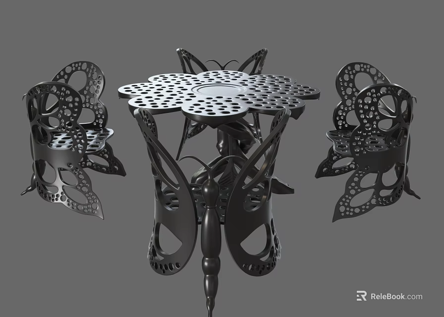 Black Butterfly Shaped Table and Chair Set With Hollow Out Design Flower Tabletop 3d model 