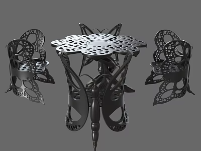 Black Butterfly Shaped Table and Chair Set With Hollow Out Design Flower Tabletop 3d model