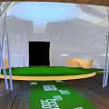 Modern Exhibition Booth With Curved Wooden Top And White Transparent Structure Surrounded By Palm Trees
