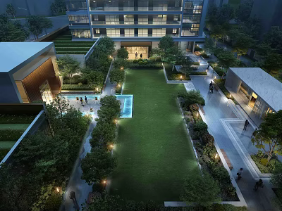 Serene Modern Residential Landscape With Lush Green Lawn Walking Paths And Outdoor Lighting 3d model