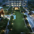 Serene Modern Residential Landscape With Lush Green Lawn Walking Paths And Outdoor Lighting