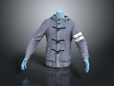 Cow Inspired Gray Hooded Jacket With Horn Buttons And White Striped Sleeves 3d model