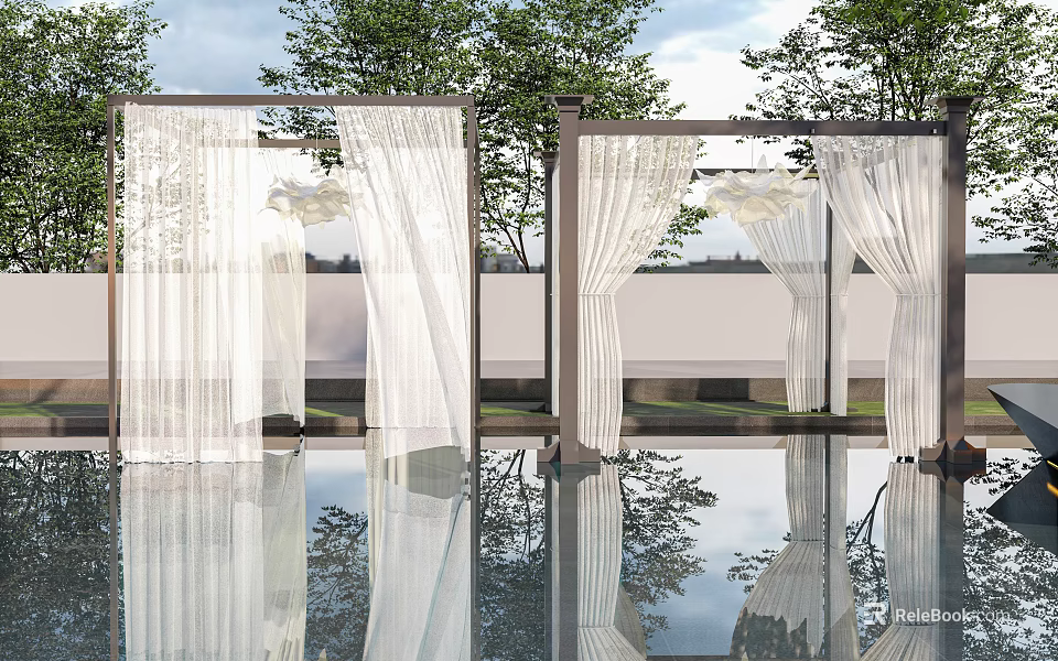 Elegant White Sheer Curtains In Outdoor Space With Water Reflection And Green Trees 3d model 