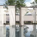 Elegant White Sheer Curtains In Outdoor Space With Water Reflection And Green Trees