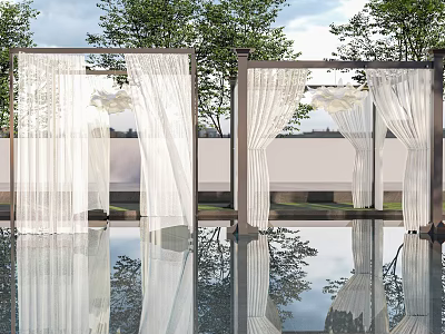 Elegant White Sheer Curtains In Outdoor Space With Water Reflection And Green Trees 3d model