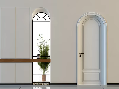White Arched Hinged Door Interior Design With Glass Window Wooden Shelf And Green Plant 3d model