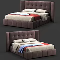 Dark Brown Tufted Upholstered Double Bed With Bed Sheets Blankets And Pillows 3d model