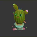 Cartoon Cactus With Smiling Face Big Eyes And Pink Flowers In Terracotta Pot