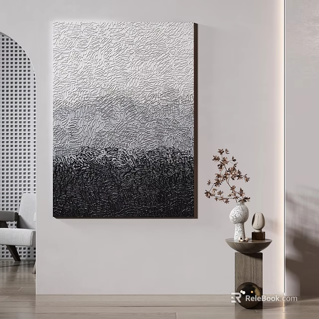 Abstract Black White Wall Art With Decorative Vase Dried Flowers And Sculpture 3d model 