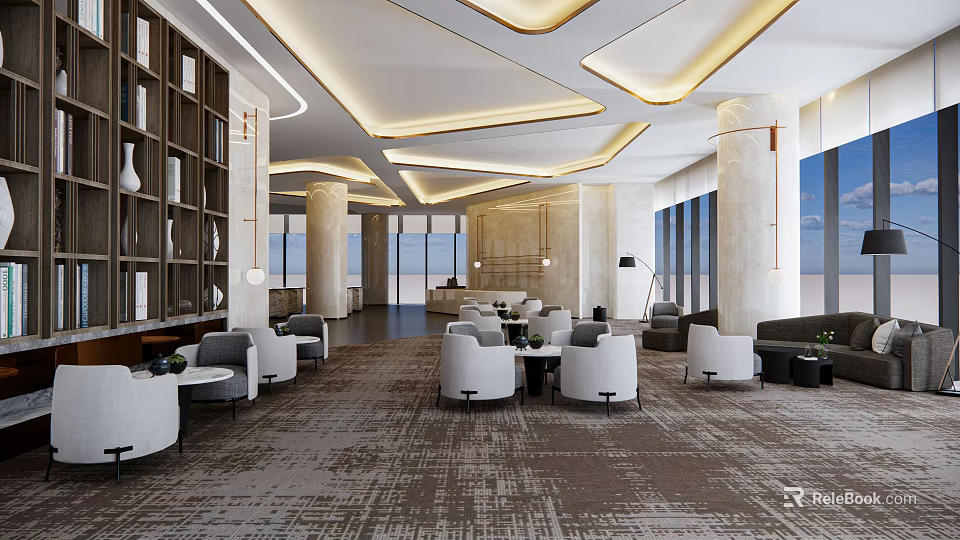 Modern Front Desk Reception Area With Waiting Sofas Bookshelves And Large Windows 3d model