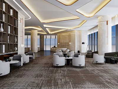 Modern Front Desk Reception Area With Waiting Sofas Bookshelves And Large Windows 3d model