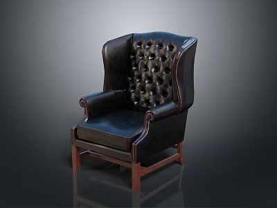 Classic Black Leather Armchair With Tufted Back Scroll Arms And Wooden Legs 3d model