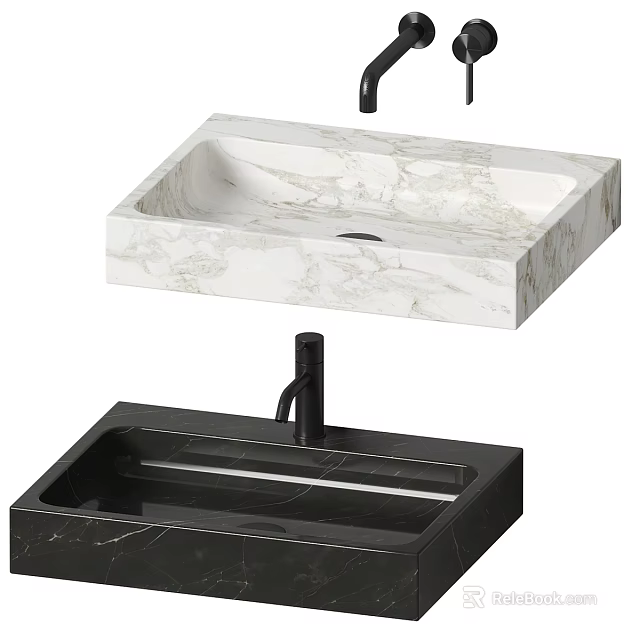 Modern White And Black Marble Kitchen Sink With Faucet Countertop Design 3d model 