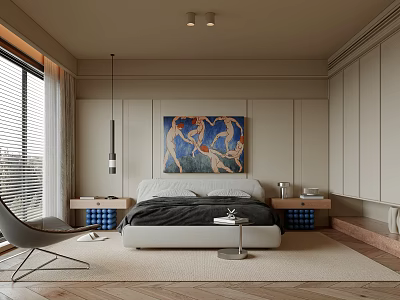 Modern Minimalist Bedroom Interior With Bed Painting Blinds Chair And Pendant Light 3d model