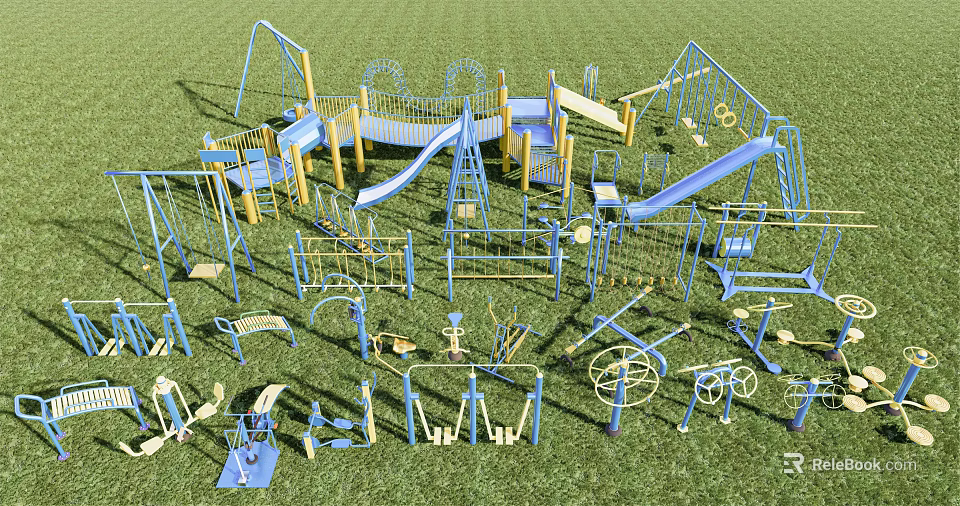 Outdoor Sports Equipment With Blue Yellow Slides Swings Climbing Frames On Grass Field 3d model 