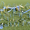 Outdoor Sports Equipment With Blue Yellow Slides Swings Climbing Frames On Grass Field