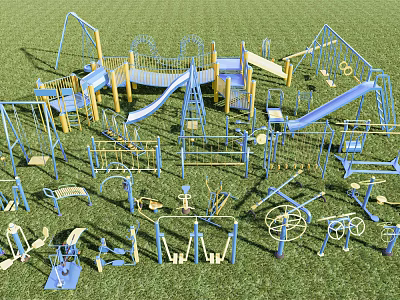 Outdoor Sports Equipment With Blue Yellow Slides Swings Climbing Frames On Grass Field 3d model