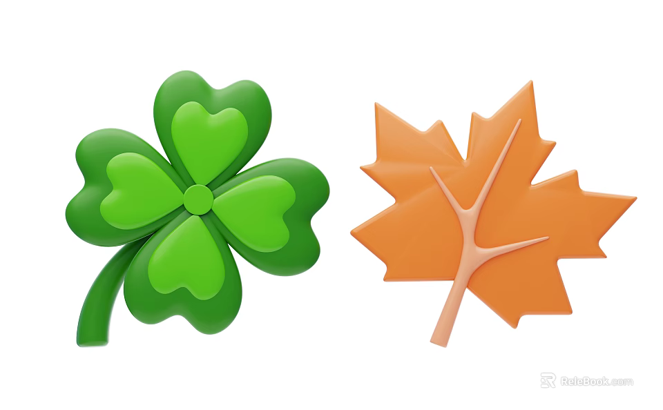 Decorative Ornament Set with Green Clover and Orange Maple Leaf 3d model