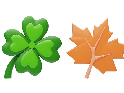 Decorative Ornament Set with Green Clover and Orange Maple Leaf 3d model