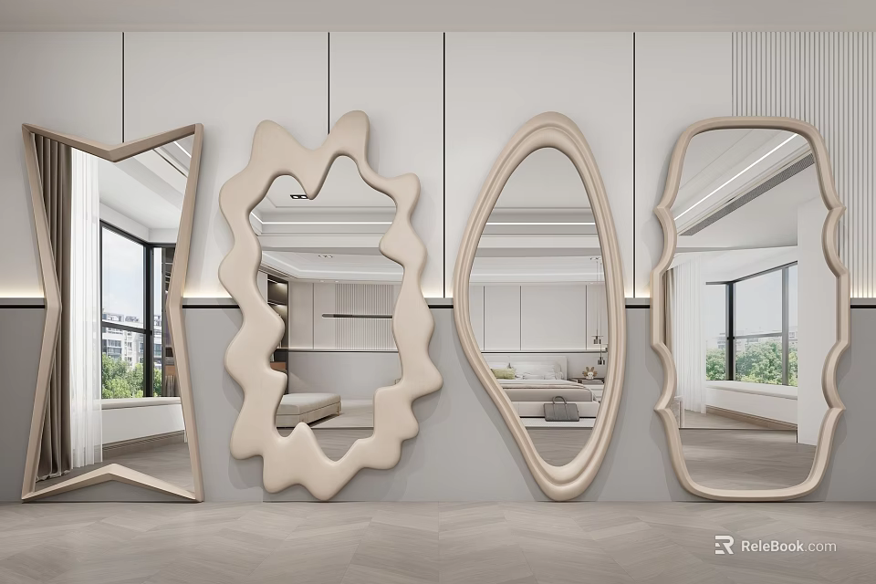 Modern Wall Mounted Decorative Mirrors With Unique Shapes In Living Space Interior 3d model 