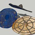 Traditional Decorative Hats Featuring Blue Patterned And Woven Brown Designs 3d model
