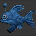 Cute Blue Cartoon Fish Character With Big Eyes Antenna Ball Fins And Tail
