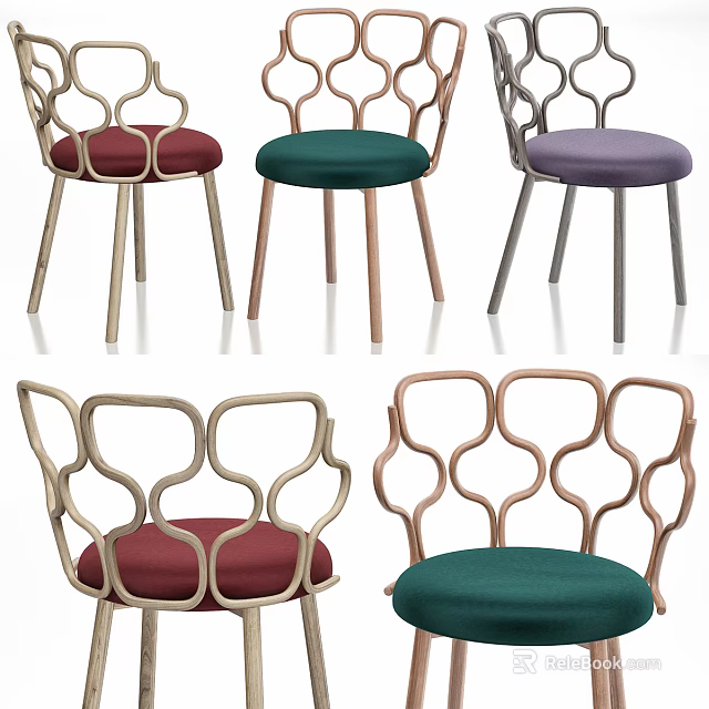 Ornate Curved Back Dining Chairs With Colored Fabric Seats And Wooden Legs 3d model 