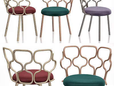 Ornate Curved Back Dining Chairs With Colored Fabric Seats And Wooden Legs 3d model
