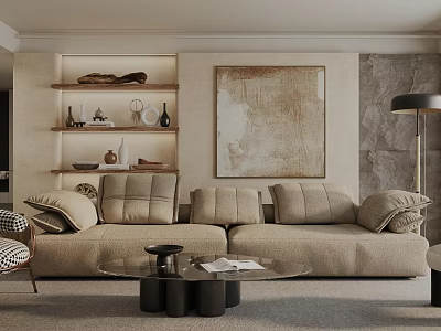 Modern Living Room With Beige Sofa Decorative Artwork Floating Shelves Floor Lamp And Coffee Table 3d model