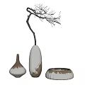 Tall Small and Bowl Shaped White Vases with Brown Details and Bare Branches