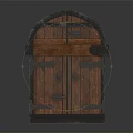 Double Paneled Vintage Wooden Door With Arched Top And Metal Hardware