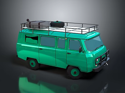 Green Vintage Bus With Roof Rack And Side Windows Exterior Design 3d model