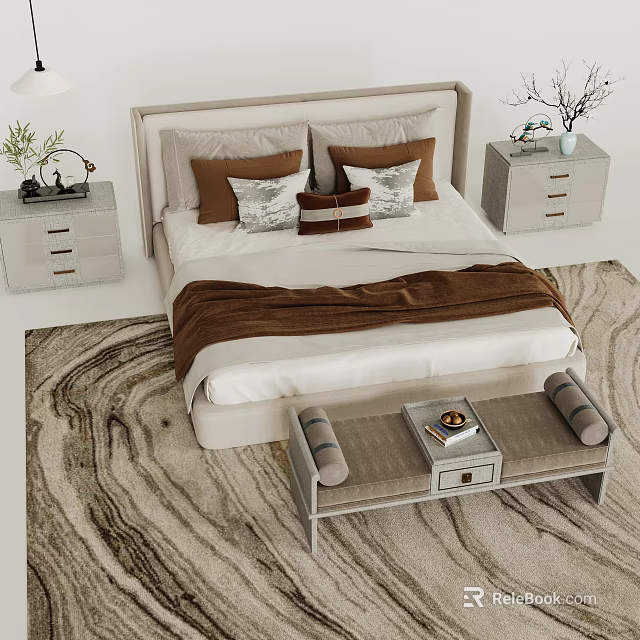 Modern Double Bed Interior with Bedside Tables Soft Bedding Footstool and Marble Rug 3d model 