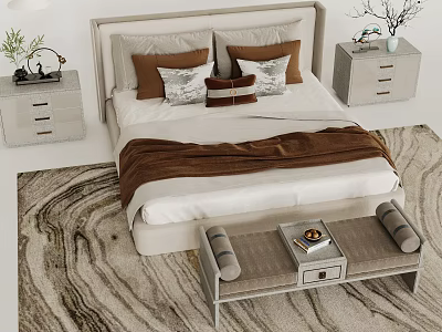 Modern Double Bed Interior with Bedside Tables Soft Bedding Footstool and Marble Rug 3d model