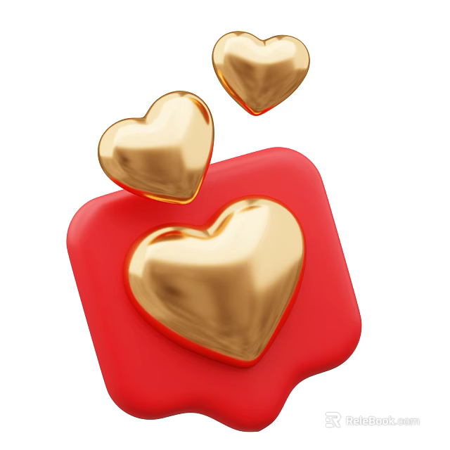 Decorative Ornament Set With Red Base And Three Golden Hearts 3d model 