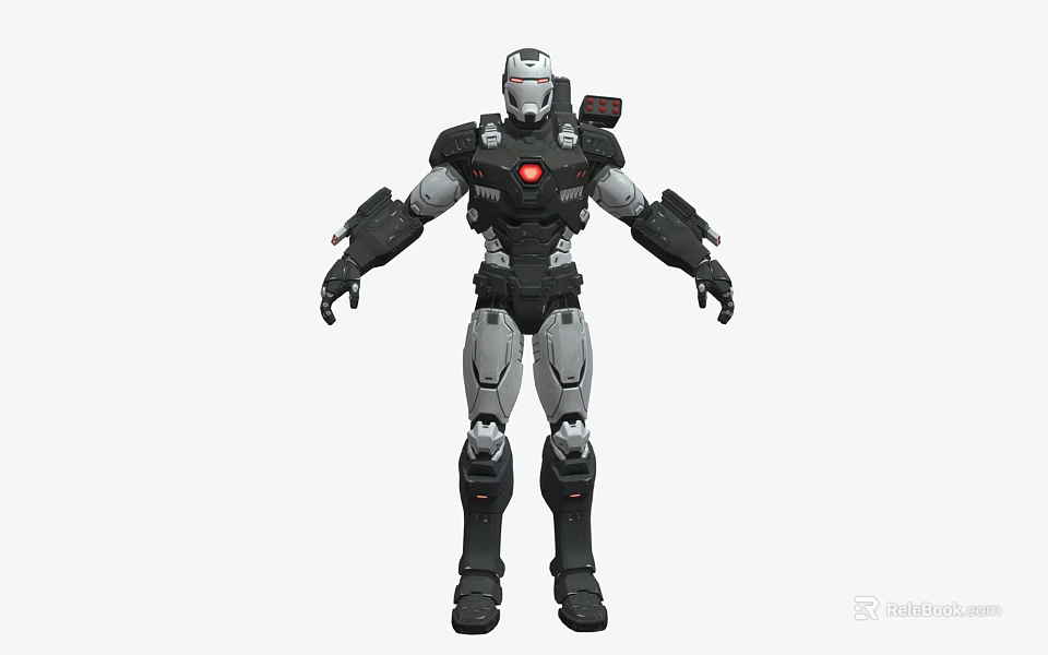 Futuristic Battle Robot Character With Silver Black Armor Red Core And Mechanical Exoskeleton 3d model 