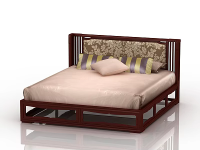 Double Bed with Wooden Frame and Decorative Headboard Featuring Floral Pattern and Light Colored Bedding 3d model