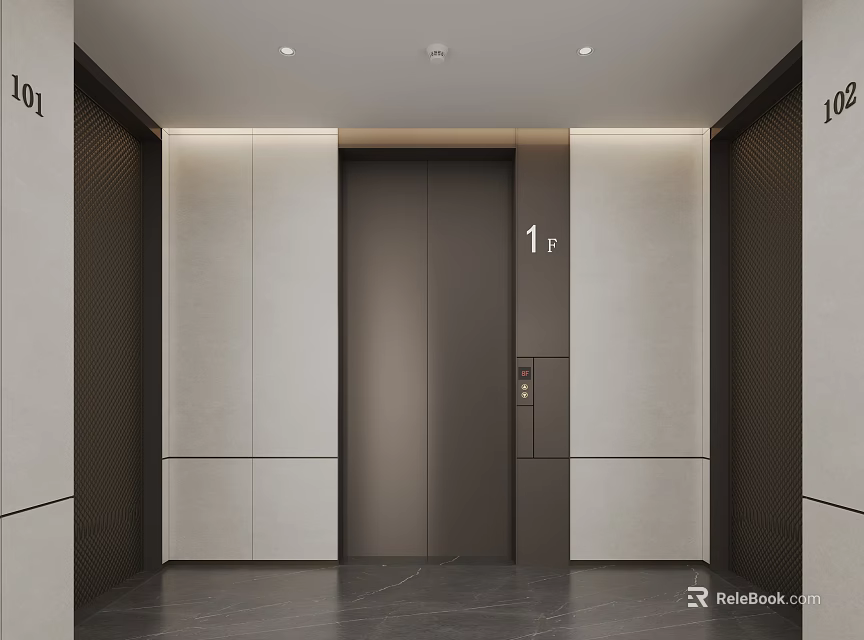 Modern Elevator Lobby Interior With Light-colored Walls Elevator Door And 1F Floor Indicator 3d model 