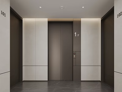 Modern Elevator Lobby Interior With Light-colored Walls Elevator Door And 1F Floor Indicator 3d model