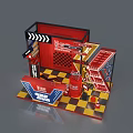 Red Exhibition Booth with Energy Run Theme Arrow Decorations and Checkerboard Pattern 3d model