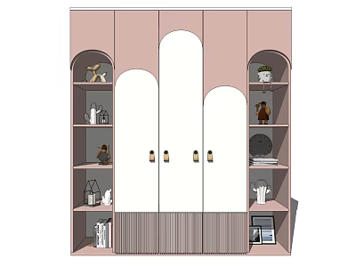Pink Wardrobe with Arched Mirror Doors Open Shelves and Decorative Striped Base 3d model