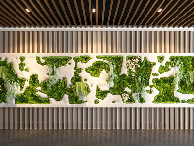 Lush Indoor Green Plant Wall With Modern Wooden Slat Background And Ceiling Design 3d model