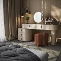 Modern Elegant Dressing Table with Round Mirror Storage Drawers and Brown Leather Stool 3d model