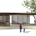 Circular Wooden Outdoor Pergola With Paved Floor Benches Tables And People