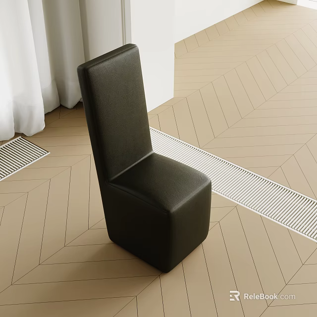 Black Leather Sofa Bench on Light Colored Herringbone Floor with White Curtains and Grill Vent 3d model 