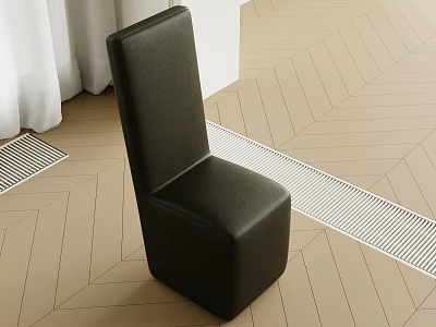 Black Leather Sofa Bench on Light Colored Herringbone Floor with White Curtains and Grill Vent 3d model